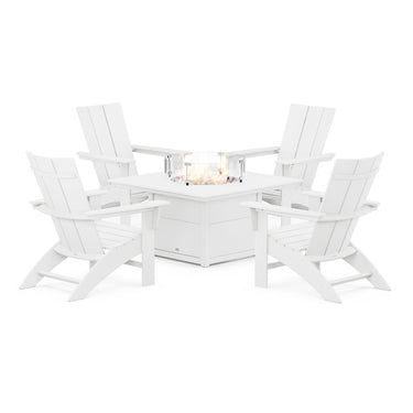 POLYWOOD Modern 5-Piece Curveback Adirondack Conversation Set w/ Fire Pit Table - White